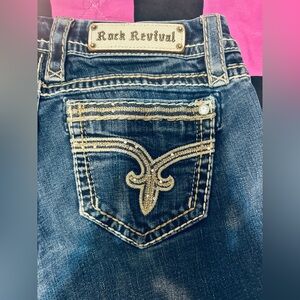 Rock Revival Blue Jeans with Ornate Stitching and Medium Indigo Wash